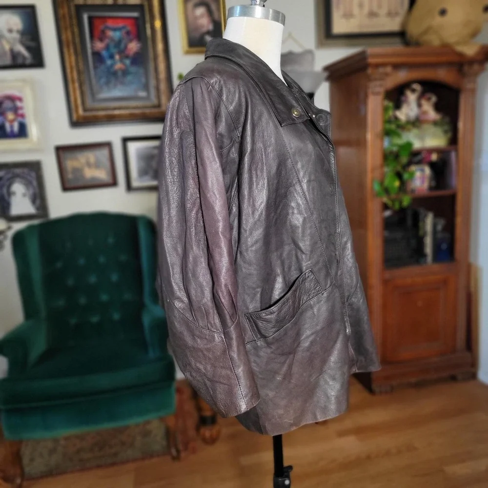Luigui‎ M Genuine Leather Jacket RARE Vintage 90s Brown Collared Coat Women's
